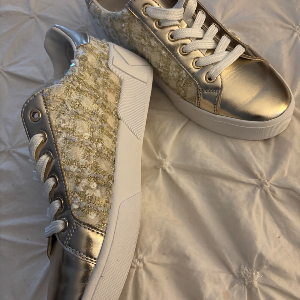 Karl Lagerfeld Metallic Silver and Cream Women's Sneakers